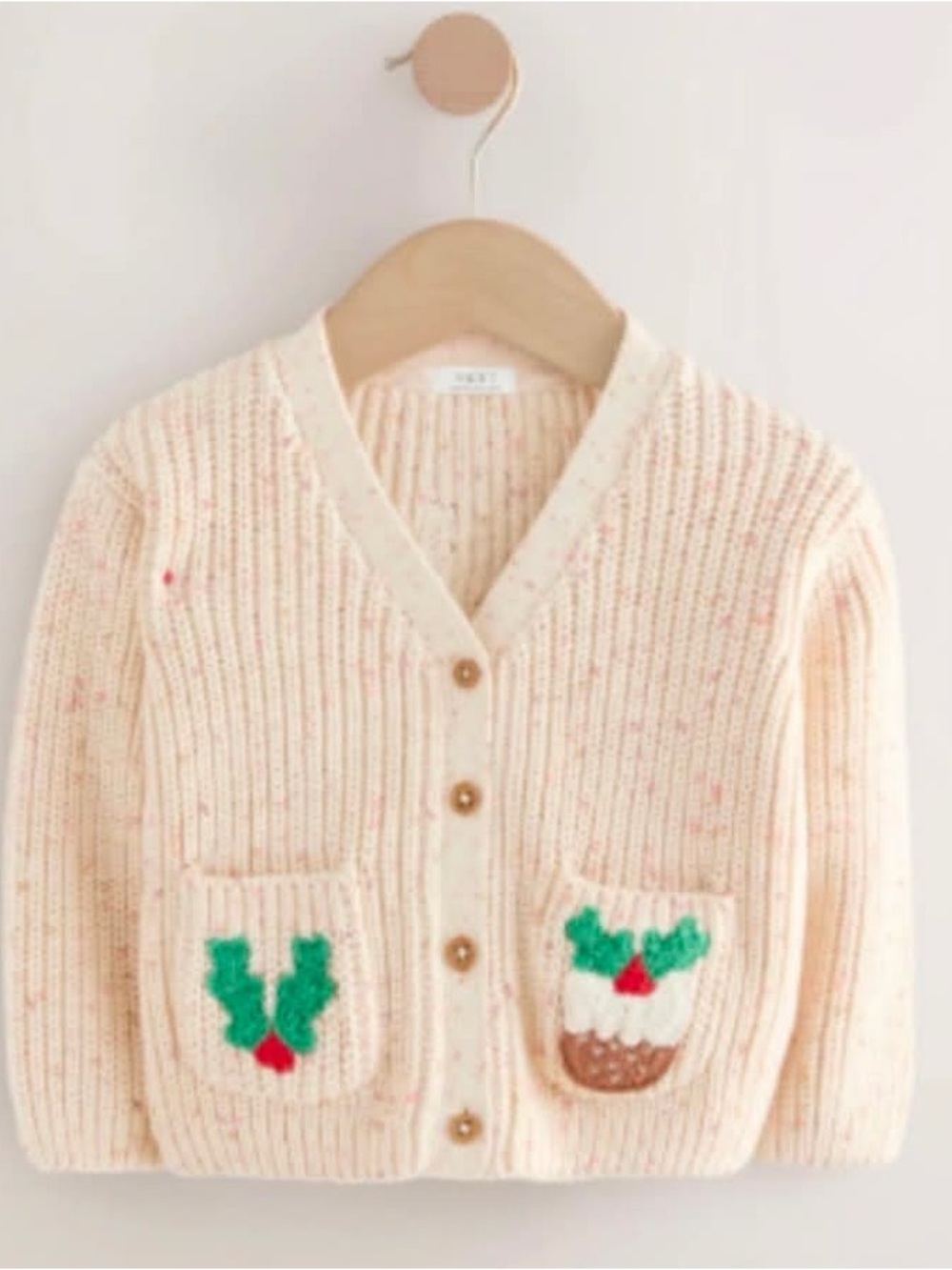 NWT NEXT Kids Christmas Pocket V- Neck Cardigan Ecru JOLLY & BRIGHT Sz 12-18 mth